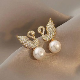 Sweet Rhinestone Swan Animal Earrings For Women Girls Fashion Delicate Jewelry For Party Korean Cute Pearl Drop Earrings Gifts
