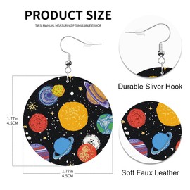Swono Planet Round Faux Leather Earrings for Women Fantasy Starry Sky Universe Outer Space Planets Star Multicolor Lightweight Double-Side Printed Drop Dangle Earring for Birthday Party Gift