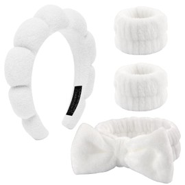 4 Pieces Spa Headband for Washing Face, Skincare Terry Cloth Headband Wristband Set,Elastic Hairbands Face Washing Wristband,Sponge Puffy Makeup Headbands for Women Girls Shower,Sports,Yoga(White)