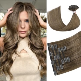 Ukira Ash Brown Hair Extensions for Women, 70g 22 Inch 7pcs Brown Clip in Hair Extenisons Human Hair, Natural Straight Remy Human Hair Clip ins Rallonge Cheveux Humain