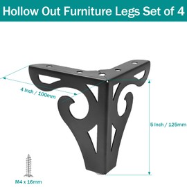 Bivethoi 5 Inch / 12.5cm Hollow Out Furniture Legs Set of 4, Black Metal Sofa Legs Modern Dresser Feet, Triangle Couch Feet Shelf Replacement Legs for Cabinet Cupboard Table Bookcase Wardrobe