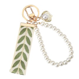 MXXGMYJ Faux Pearl Ribbon Keychain for Women Cute Faux Pearl Chain Leaf Pattern Keychains for Purse Bags Fresh Gifts Pearl-Shell Shaped Pendant Key Chain Gifts for Teen Girls Accessories for Car Keys