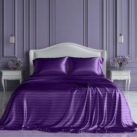 SLEEP SANCTUARY Satin Sheets Queen Size – 4 Piece Luxury Silky Bed Set, Softer Than Silk, 15" Deep Pocket, Cooling & Wrinkle-Free, Moisture-Wicking & Breathable for Hair & Skin (Striped Purple)