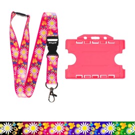 Rolseley Lanyard Neck Strap Daisy Pink Pattern with Metal Clip, Plastic Safety Breakaway + Pink Double-Sided Card Holder