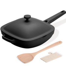 USELUCK 10.5 Inch(3.8QT) Ceramic Pan with Lid,Non Stick Frying Pans Cast Aluminum Deep Sauté Pans,Ti-Ceramic Non Toxic Pix Pan with Wooden Spatula and Scrubber-Midnight Hearth
