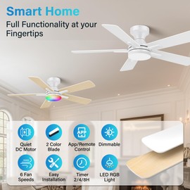 GentleBreeze 42 Inch Flush Mount Ceiling Fan with Lights,RGB & Dimmable LED,Quiet DC Motor, Remote & App Control,Modern Indoor,Outdoor Low Profile Fan for Small Bedroom,Patio,or Porch White and Wood