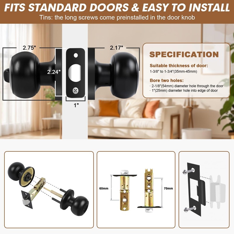 RAZCC Privacy Door Knobs, 8 Pack Matte Black Door Knobs