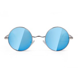Laurinny 90s Retro Round Sunglasses Women Men Classic Polarised Sunglasses Metal Frame Round Hippie Glasses (Silver Frame Blue Lens)