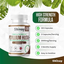 Psyllium Husk 2000mg + 200 Mcfu Lactobacillus Acidophilus Per Serving | Probiotics & Natural Soluble Fiber Supplement | 120 Vegan Capsules - 2 Month Supply | Made in The UK by Shivay Herbals