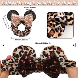 UHOMENY 2 PCS Mouse Ears Hair Bows, Cute Sequin Bows Hair Ties Velvet Scrunchies Elastic Rubber Hair Band Cute Mouse Ear Sparkle Bow Girl Ponytail Hair Holder Accessories Party Decoration (Leopard Khaki+ Leopard Pink)