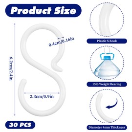 Quilax 30Pcs Plastic S Hooks, 2.5 Inch S Hooks for Hanging - Easy Lock, Rust-Free, Plastic Hook for Hanging Kitchen, Living Room, Bedroom