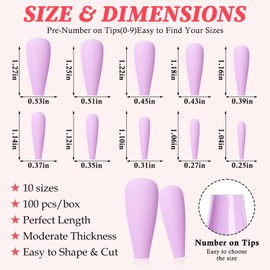 LuckForever 100pc Long Press on Nails Coffin Fake Nails Matte Coffin Press on Nails Medium Ballerina False Nail Pink Purple Colored Full Cover Nail Tips Acrylic Presson Nail Women Girls Manicure DIY