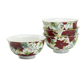 Grace Teaware Poinsettia Chintz Porcelain Scalloped Candy / Nut Bowl (Set of 4), Red, 8-Ounce