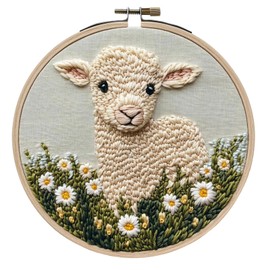 DIY Punch Needle Kit for Beginners,Cute Cartoon Sheep with Daisy Flower,Punch Needle Kits for Adults,Punch Needle Starter Craft Set with 20cm Hoop for Adults and Children Festival Decor Gifts
