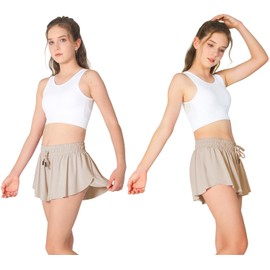 AIOIC Girls Butterfly Shorts Kids Flowy Shorts 2-in-1 Girls Butterfly Skirts with Pocket Khaki Grey