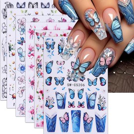 Butterfly Flower Nail Stickers Spring Nail Art Stickers Pink Floral French Nail Decals Sticker DIY Self Adhesive Nails Design Sticker for Nail Art Supplies Accessories for Women Decoration 6Pcs
