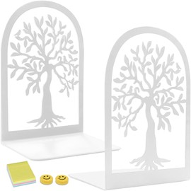 Qualsen Tree Shape Book Ends，1 Pair Heavy Duty Metal Bookends，Decorative Book Ends for Shelves,Anti Scratch Non-Skid Book Organizer for Home Office Desk, Back to School Supplies（White，Dense Tree）