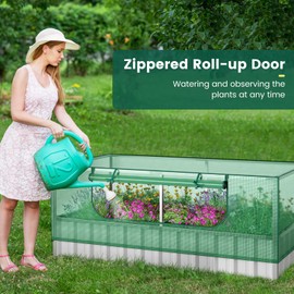 HAPPYGRILL Galvanized Raised Garden Bed with Cover, 69” x 36” x 28” Galvanized Raised Planter Box with Roll up Window, A Pair of Gloves & 8PCS T Tags, Outdoor Planter Raised Beds for Flowers, Herbs