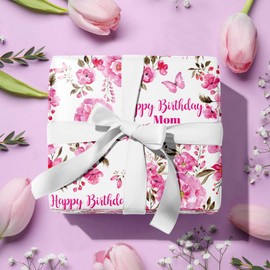 LeZakaa Floral Birthday Wrapping Paper Roll for Mom, Lush Pink Flowers, Happy Birthday Mom Lettering Gift Wrap for Mom's Birthday, Mother's Day，for Women, Female, Mini Roll, 17 inches x 16.4 Feet