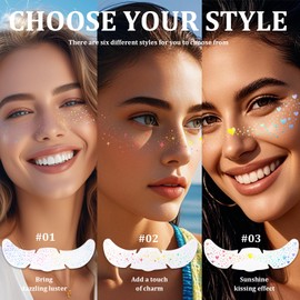 6PCS Glitter Freckles Face Tattoo, Multichrome Holographic Sparkle Glitter,Waterproof Metallic Cute Star Festival Accessories Temporary Tattoo Stickers for Makeup Rave-Includes 6 Cleaning Cotton Pads