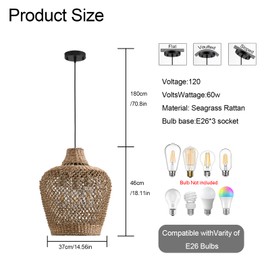 Teru Ji Kaikang 18.9" Rattan Pendant Light Fixtures,Boho Rattan Pendant Light,3-Light Hand Woven Seagrass Chandelier for Dining Living Bedroom Kitchen Farmhouse