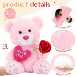BENINY 3Pcs Valentines Bulk Teddy Bear with Heart, Cute Pink Teddy Bear Stuffed Animals, 12" Soft Bear Plushie Toy Stuffed Bear Plush Gifts for Girlfriend Kid