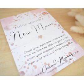 A Little Wish for a New Mum | Mummy To Be Wish Bracelet. Pregnancy Congratulations. New Baby Shower Card. Tibetan Baby Feet Charm. Wish String Cord Bracelet. Modern Greeting Card