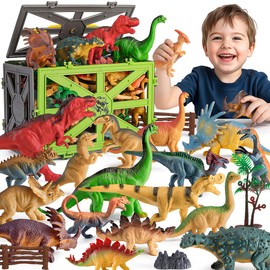 Kiddiworld Dinosaur Toys for Kids 3-5, 31PCS Realistic Plastic Dinosaur Figures with Stone&Tree&Fence in Storage Cage for Toddlers Ages 5-7, Dino Toys Gifts for 3 4 5 Year Old Boys Girls