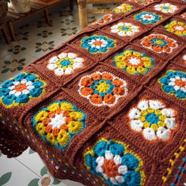 Handmade Granny Square Crochet Throw Blanket, Light Weight, Soft, Warm, Cozy, Home Decor (Khaki) 53" x30"