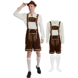 Maxim Party Supplies Men's German Lederhosen Costume - Bavarian Oktoberfest Outfit with Embroidered Suspender Shorts, White Shirt and Socks (Brown, Large)