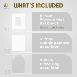 Mat Board Center, Pack of 5 Bevel Cut 8x10 White Mat for 4x6 Photo with White Core Matte Set, Includes 5 Acid Free Mats, 5 Backing Board and 5 Clear Bags