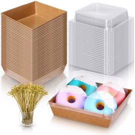 Mumufy 200 Pcs Paper Charcuterie Boxes with Clear Lids, 100 Brown Disposable Food Containers 100 Bamboo Skewers Square Bakery Boxes Cake Containers for Cake Pastry Dessert Cookie Salad Sandwich