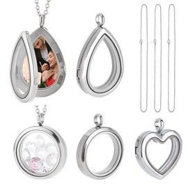 PH PandaHall 3 Styles Locket Pendant Necklace 304 Stainless Steel Memory Floating Charms Round Memory Necklace Teardrop Heart Pendant Buckle Closure for Women Friendship Necklace Memory Nostalgic