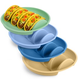 Silicone Taco Holder Plates Set of 4 - Reusable Taco Stand Plates with 4-Shell Slots, Oven/Microwave/Dishwasher Safe, Non-Slip Base for Tortillas Party Serving, Family Dinner & Meal Prep Accessories
