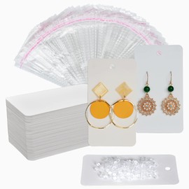 Twavang Earring Card Holder Set, 100Pcs Kraft Paper Earring Display Cards, 100 Pairs Clear Earring Backs with 100Pcs Self Adhesive Bags for Earrings Jewelry Display (White, 3.5" x 2")