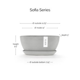 Ecopots Sofia Durable Modern Oval Indoor/Outdoor Recycled-Based Composite Flower Pot Planter w/Water Reservoir, White Grey, 12"
