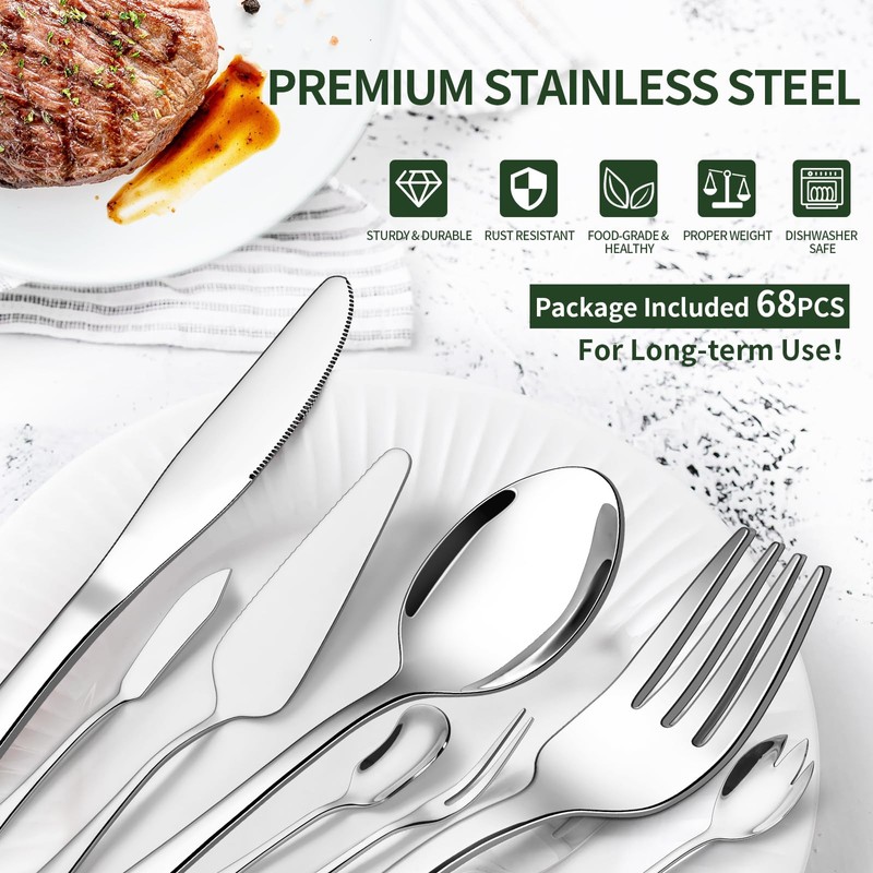 68 Pieces Silverware Set with Serving Utensils Set, CEKEE Stainless