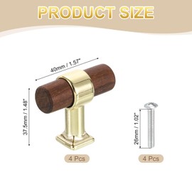 sourcing map 4Pcs T-Bar Wooden Drawer Pulls, 1.57" x 0.69" Wood Cabinet Pulls Single Hole Drawer Knobs with Gold Base and Screws for Home Kitchen Room Closet Cupboard, Dark Walnut