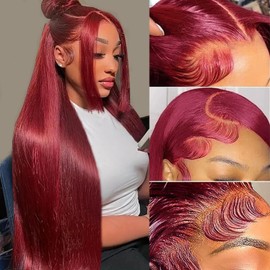 26Inch 99J Burgundy Lace Front Wigs Human Hair 13X4 Straight Lace Front Wigs Human Hair Pre Plucked 200% Density HD Transparent Glueless Red Lace Front Wigs Human Hair Wigs for Women with Baby Hair