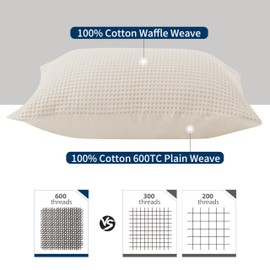 100% Egyptian Cotton Pillowcases Standard Size Set of 2, 600 TC Waffle Weave Bed Pillow Shams with Envelope Closure, Soft Breathable Skin-Friendly Pillow Case Covers, Beige, 20x26 Inches