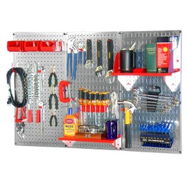 Wall Control 30WRK400GVR 4-Feet Metal Pegboard Standard Tool Storage Kit with Galvanized Toolboard and Red Accessories