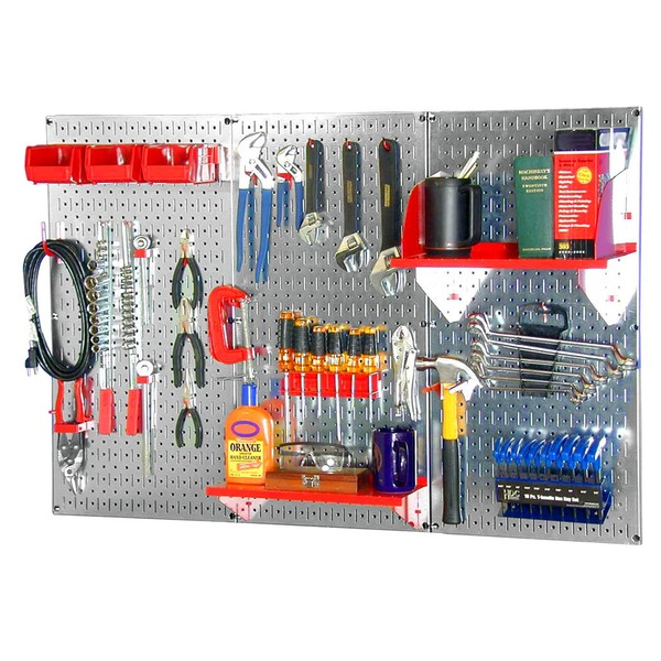 Wall Control 30WRK400GVR 4-Feet Metal Pegboard Standard Tool Storage Kit with Galvanized Toolboard and Red Accessories