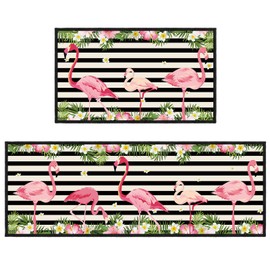 Bencailor 2 Pcs Summer Flamingo Kitchen Rugs and Mats Set Non Slip Flamingo Kitchen Mat Cabin Rug Rustic Bathroom Rugs for Summer Home Decor, 29 x 17 Inch and 47 x 17 Inch(Classic Pattern)