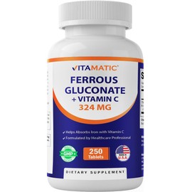 Vitamatic Ferrous Gluconate 324 mg + Vitamin C 100 mg - No Artificial Color Additives - Gentle on Stomach - 250 Coated Tablets - Made in USA