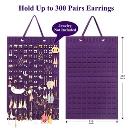 Resovo Hanging Earrings Organizer, Wall Earring Holder with 2 Hooks, Holds Up To 300 Pairs, Compact Design, Soft Material-Dark Purple
