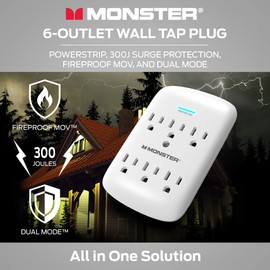 Monster Wall Tap Plug 6-Outlet Extender with Outlet Surge Protector for Home, Travel, Office, Home Appliances, Computers, and Smart Phone Devices – 300J and ETL Listed