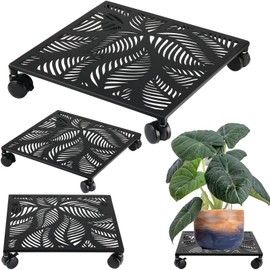 2-pack 12 Inches Square Metal Plant Caddy with Wheels Heavy Duty Large Rolling Plant Stand Indoor Outdoor Wheeled Planter Dolly Cart with Lockable Casters Flower Pot Mover Roller Trolley, Black