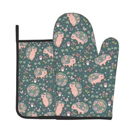 Cute Hedgehogs Flowers Oven Mitts and Pot Holders Set Kitchen Cooking Gloves Heat Resistant Pad for Baking BBQ Home Decor