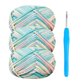 Crochet Yarn Cotton Crochet Wool Chenille Wool for Crocheting 3 x 50 g Crochet Wool with Crochet Hook 4 mm, Thick Cotton/Nylon Blend Yarn Mix Blue