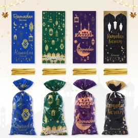 Threetols 100 PCS Eid Mubarak Cellophane Treat Bags, Ramadan Kareem Cellophane Treat Favor Bags Green Eid Moon Clear Cookie Candy Bags Gift Cellophane Bags with Twist Ties for Eid Mubarak Party Supply